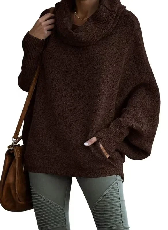 2024 Fall sale!!🍁Cowl Neck Batwing Sleeve Pullover Sweater with Pockets