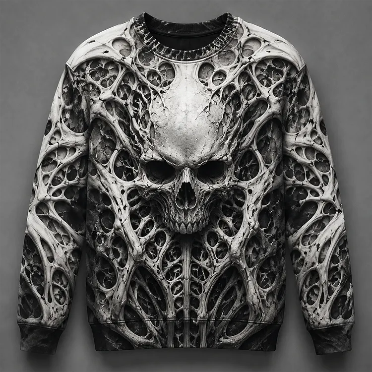 Men's Gothic 3d Skull And Bone Structure Graphic Crewneck Sweatshirt - Dark Art Print Pullover