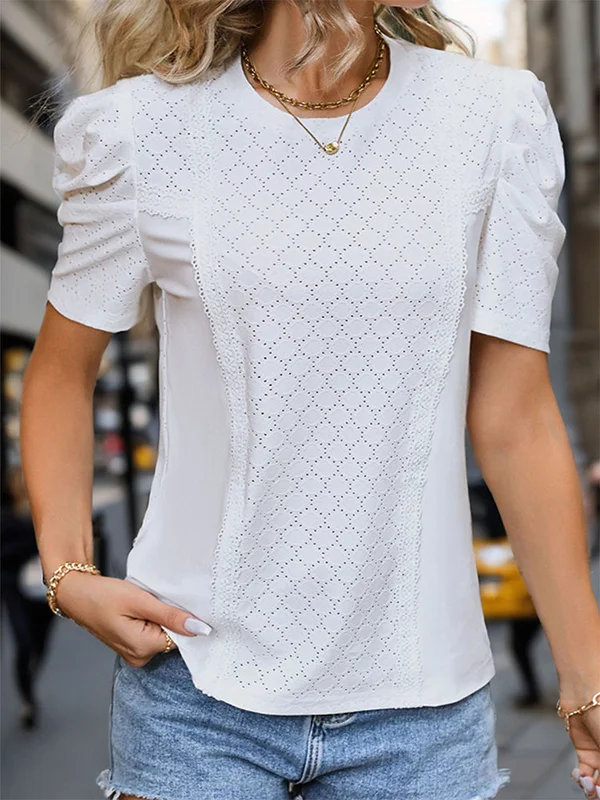 Loose Puff Sleeves Solid Color Textured Round-Neck T-Shirts Tops