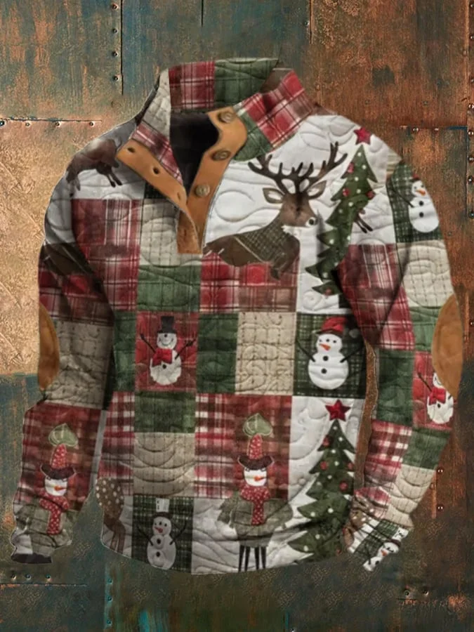Men's Christmas Retro Elk Snowman Check Pattern Button Sweatshirt