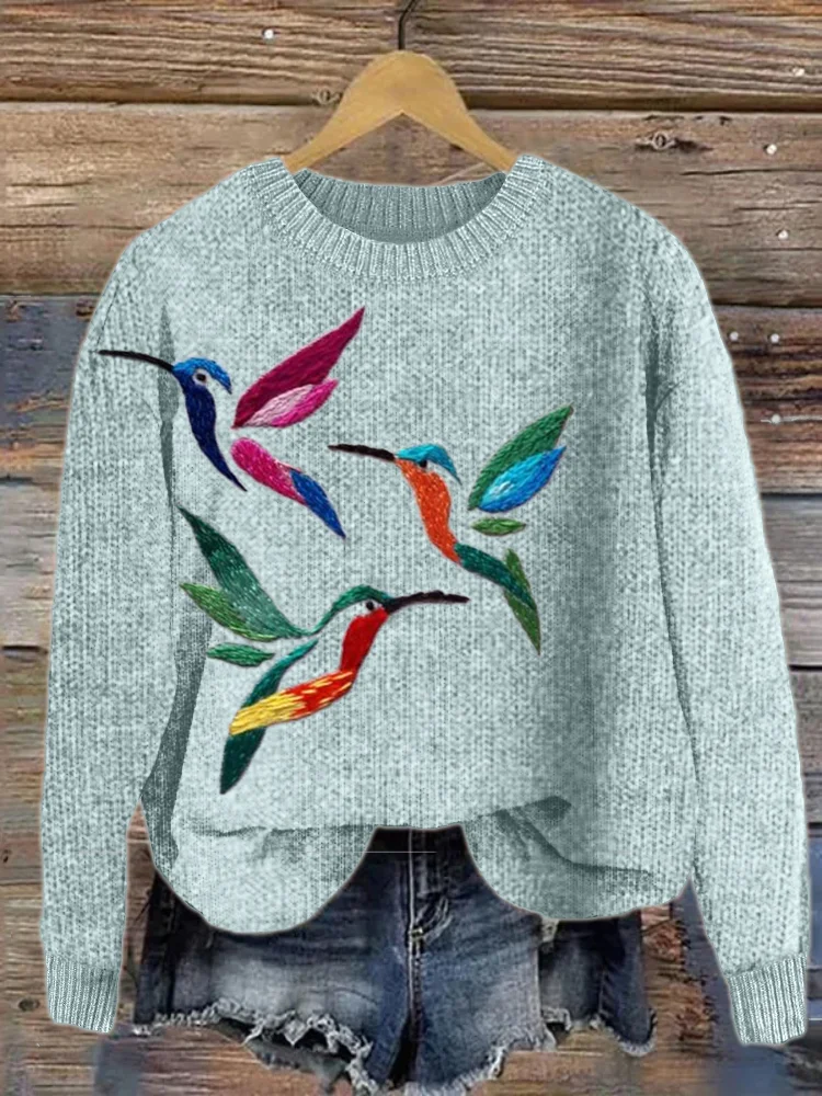 VChics Hummingbirds Colorful Embroidery Art Cozy Knit Sweater