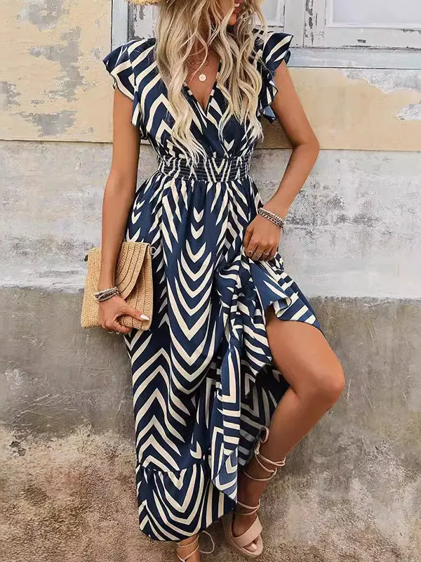 Flying Sleeves Loose Elasticity Printed Split-Joint V-Neck Maxi Dresses
