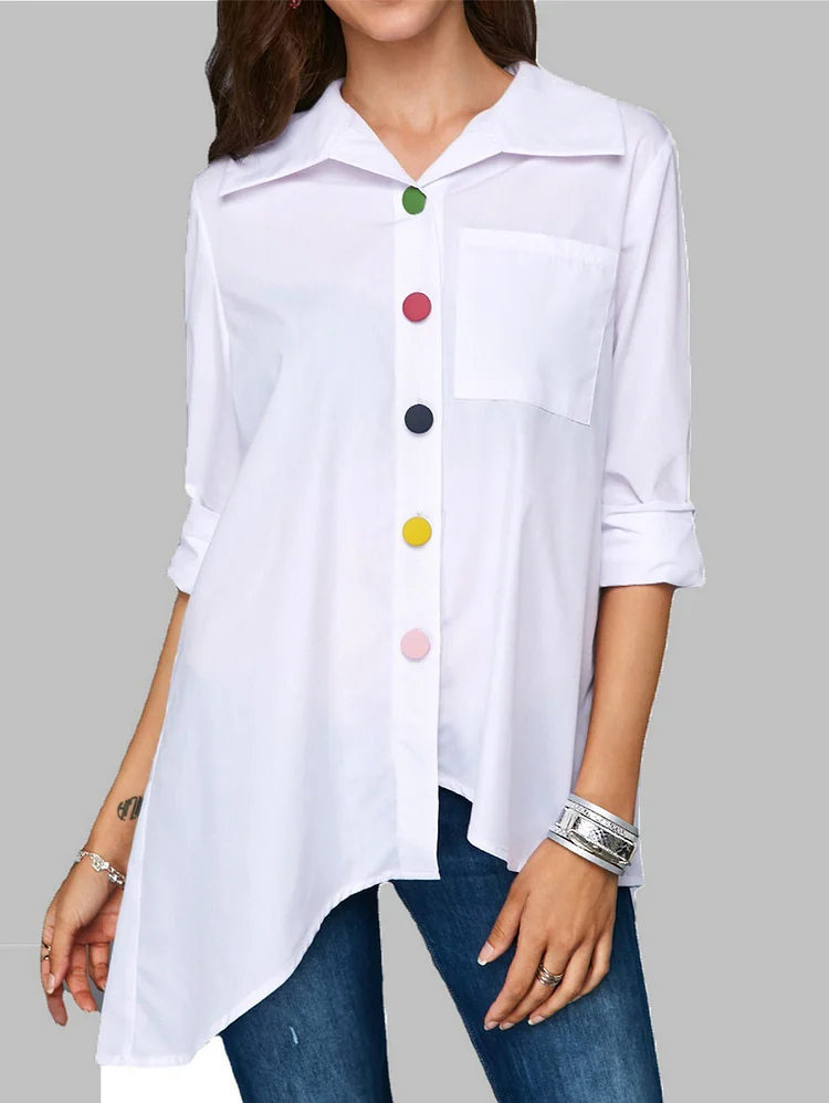 Fashion Lapel Collar Long Sleeve Multicolor Button Asymmetrical Shirt