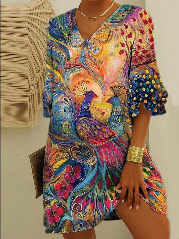Women's Colorful Half Sleeve V-neck Graphic Midi Dress