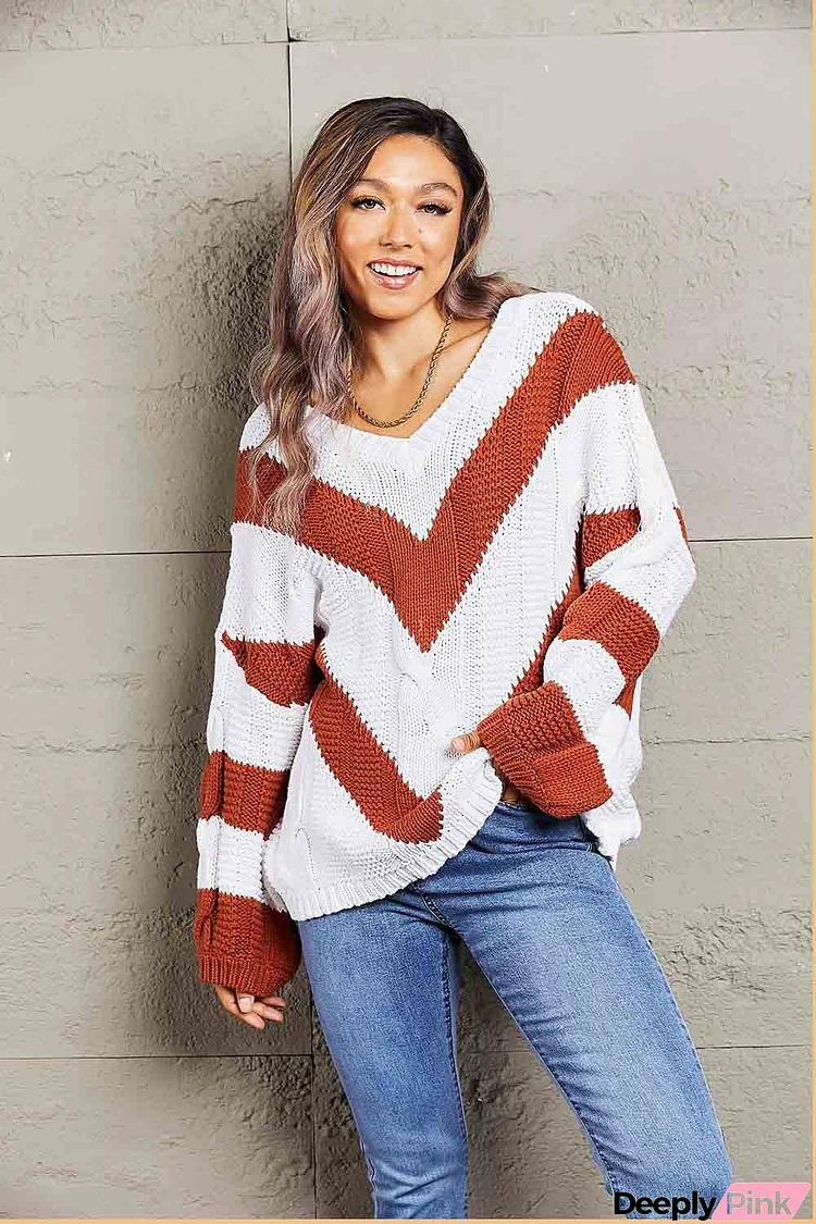 Woven Right Chevron Cable-Knit V-Neck Tunic Sweater