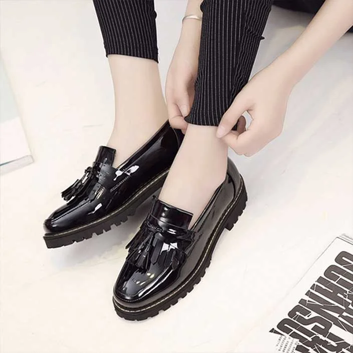 Black Patent Leather Fringe and Tassel Square Toe Loafers for Women Vdcoo