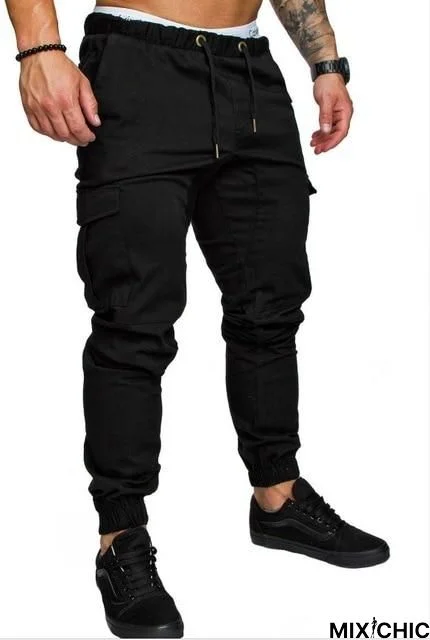 Men Casual Joggers Solid Color Pants Cotton Elastic Long Trousers