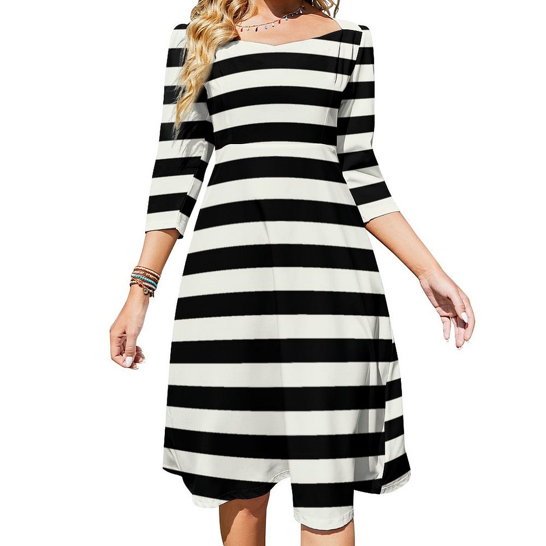 Halloween Party Costume Convict Stripe Dress Sweetheart Tie Back Flared 3/4 Sleeve Midi Dresses