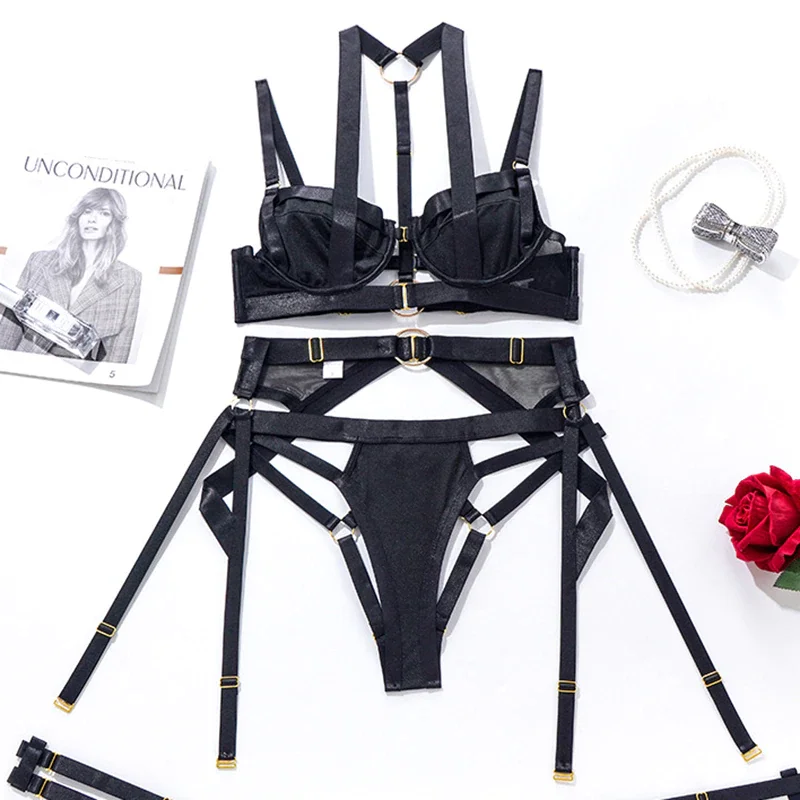 Billionm Sexy Lingerie Fancy Underwear Erotic Garter Belt 4-Piece Intimate Goods Halter Bra with Bow Seductive Exotic Brief Sets