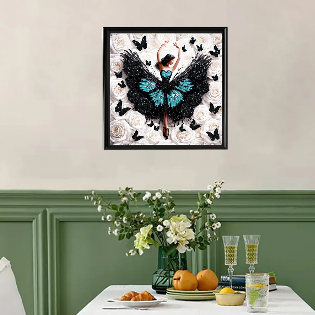 Diamond Painting - Partial Special Shaped Drill - Black Butterfly Girl(Canvas|30x30cm)