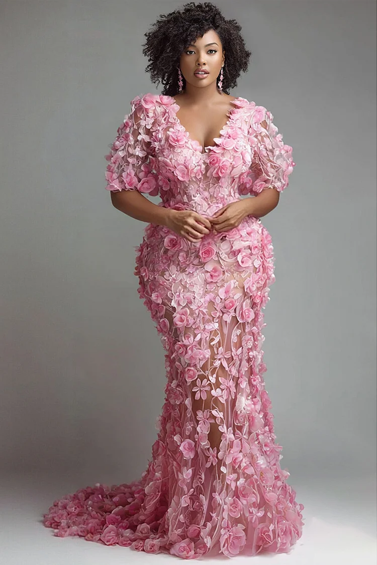 Xpluswear Design Plus Size Formal Pink V Neck Short Sleeve 3D Elegant Mermaid Maxi Dresses [Pre-Order]