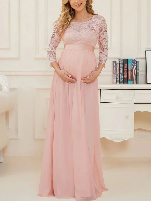 3/4 Sleeve Floor-Length Lace Maternity Dress