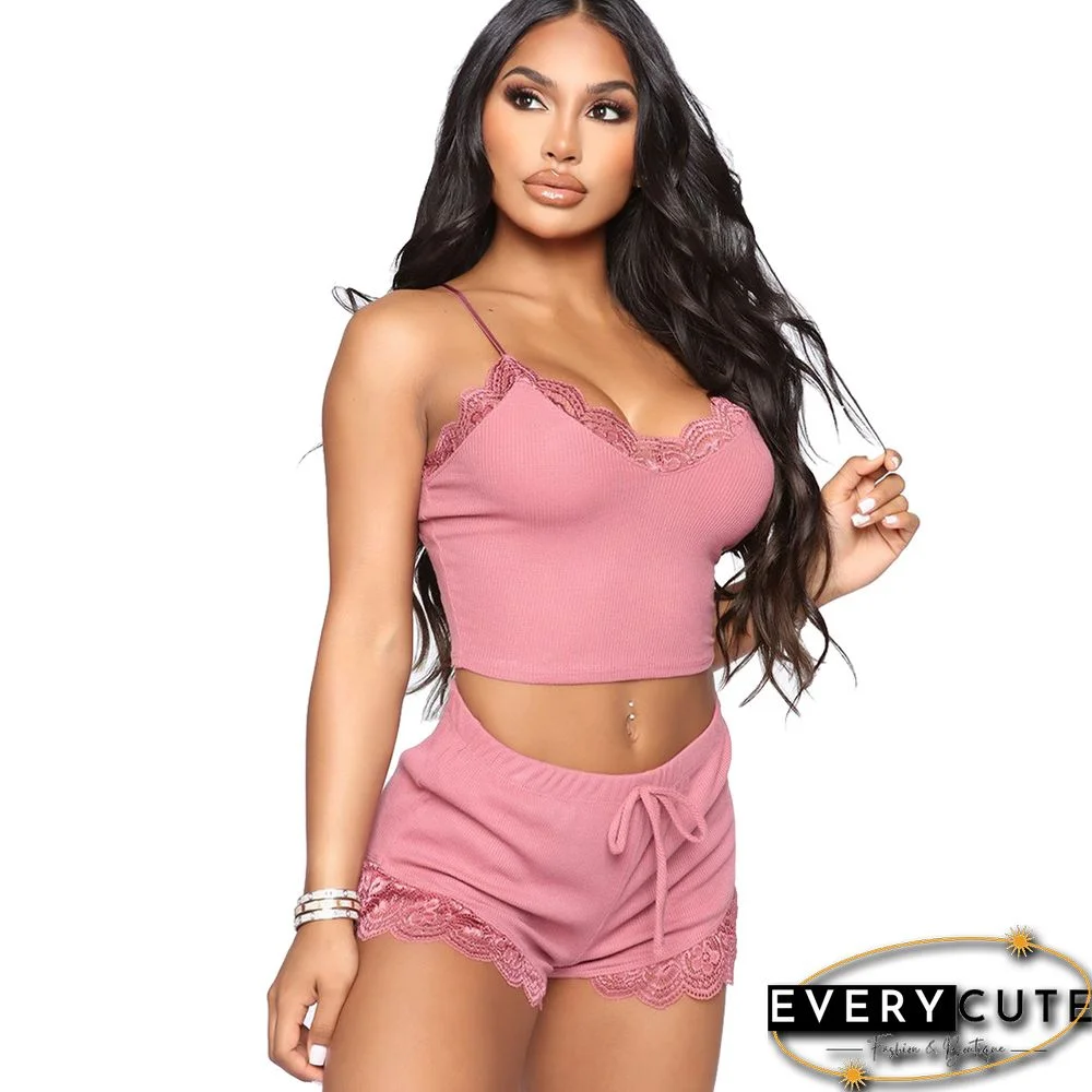 Pink Lace Trim Cami Tank with Short Set