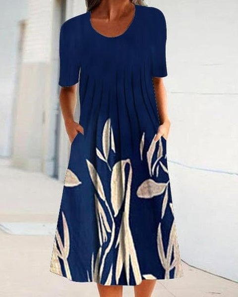 Deep Navy White Floral Print Pleated Midi Dress
