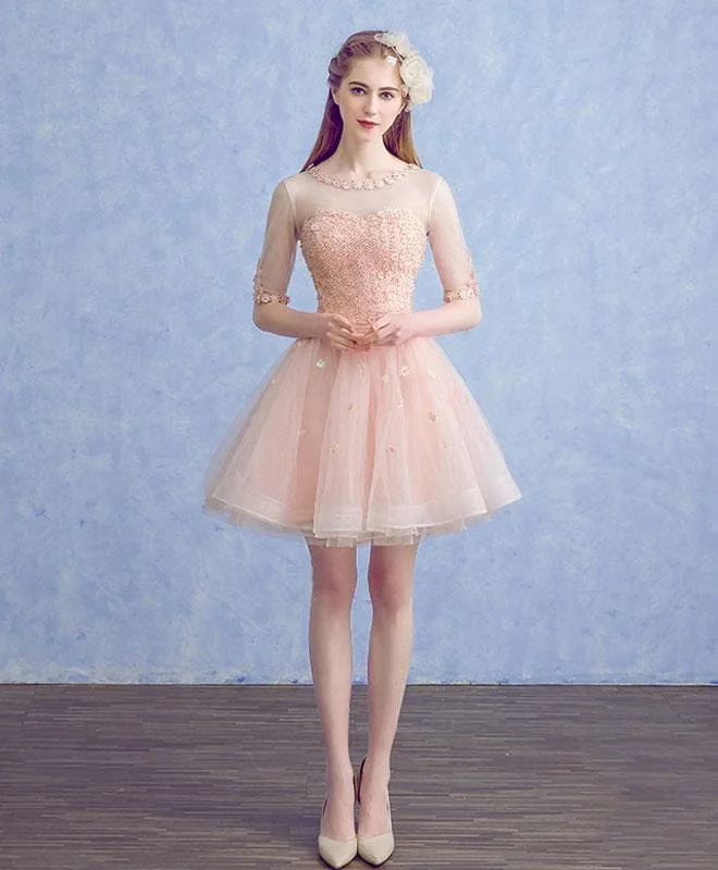 Cute Round Neck Tulle Applique Short Prom Dress, Pink Homecoming Dress