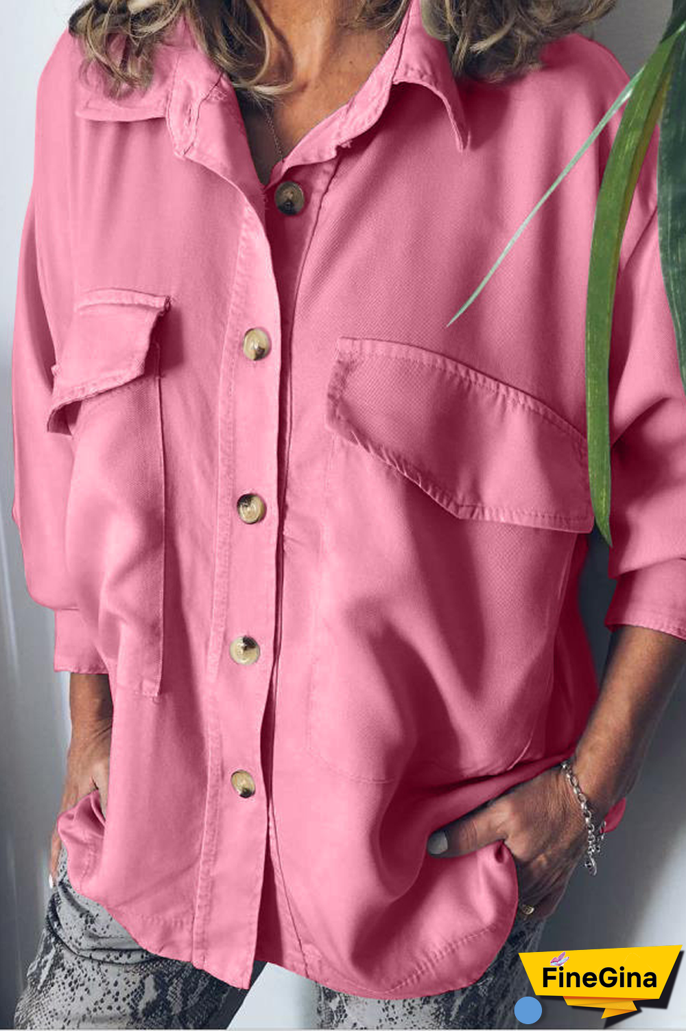 Lapel Button Long Sleeve Pockets Blouse