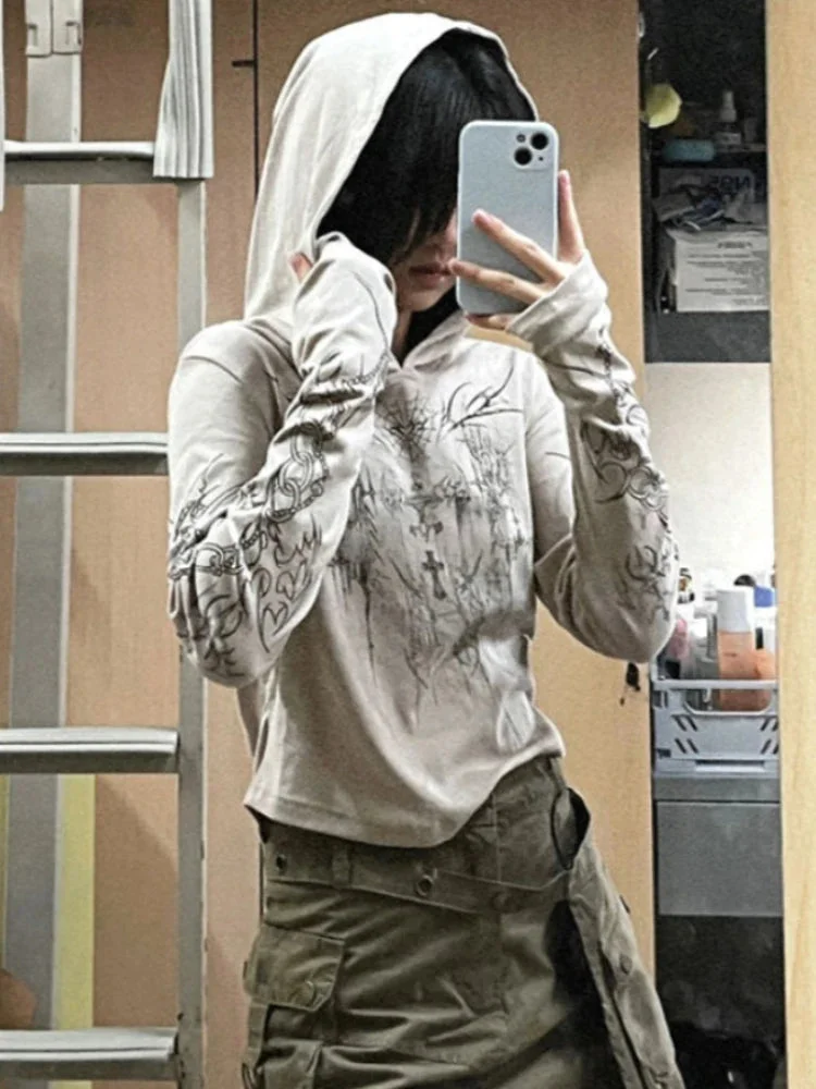 Tlbang Grunge Punk Graphic T Shirts Women Harajuku Techwear Y2K Hooded Crop Tops Vintage Casual Long Sleeve Tees Kpop Gothic