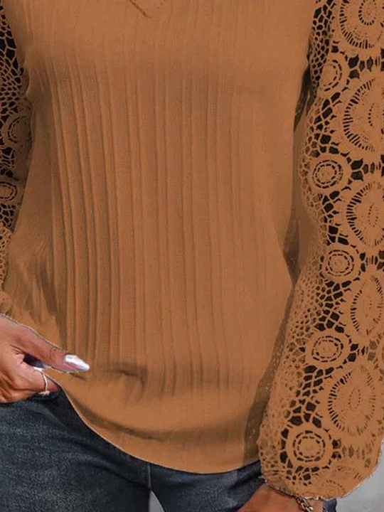 Women Long Sleeve V-neck Solid Lace Tops