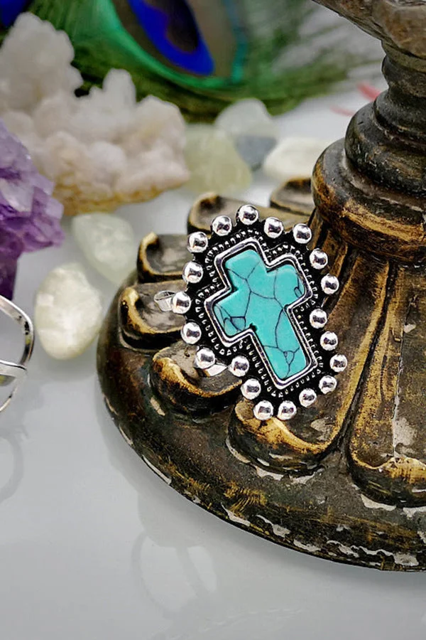 Silver Plated Cross Turquoise Ring