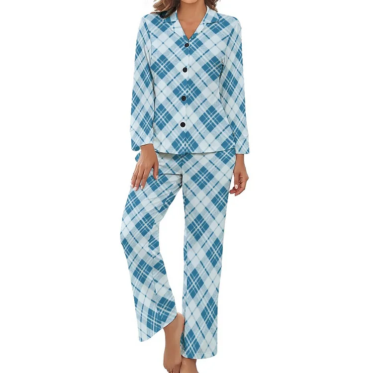 Light Blue Tartan Plaid Winter Women Long Sleeve 2 Piece Sleepwear