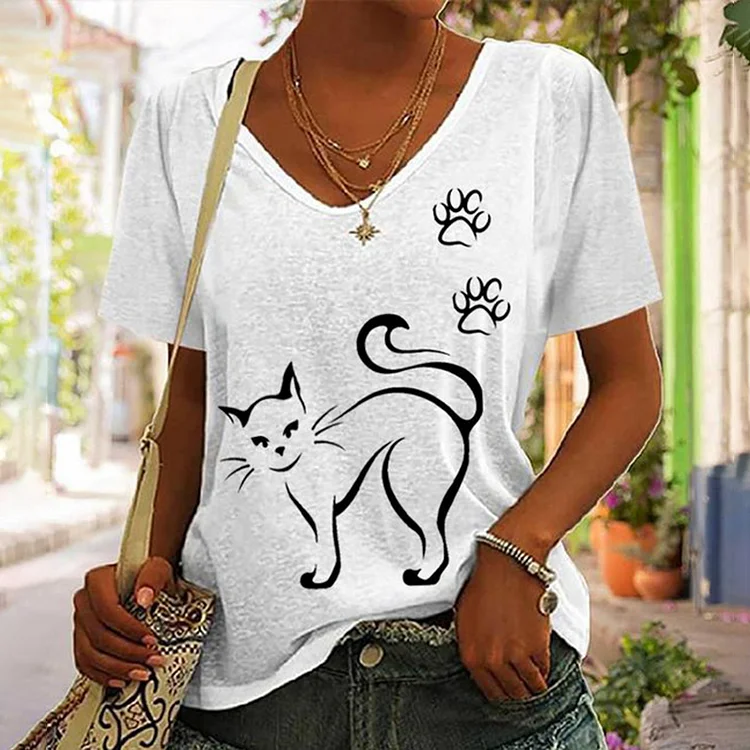 Cat Print V-Neck Short Sleeve Casual T-Shirt