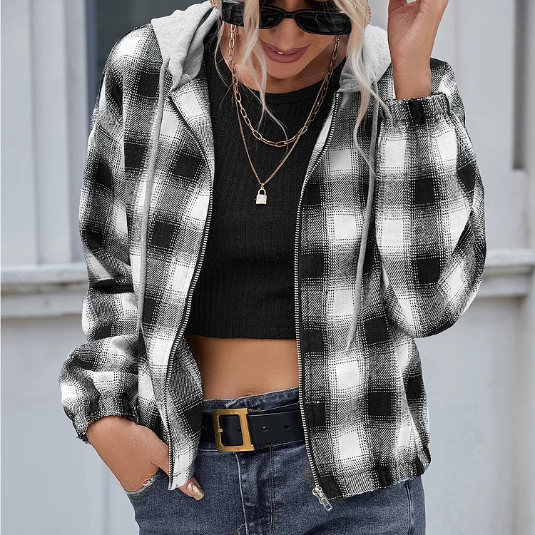 Women's Plaid Crop Cardigan Zipper up Hoode Outdoor Wear