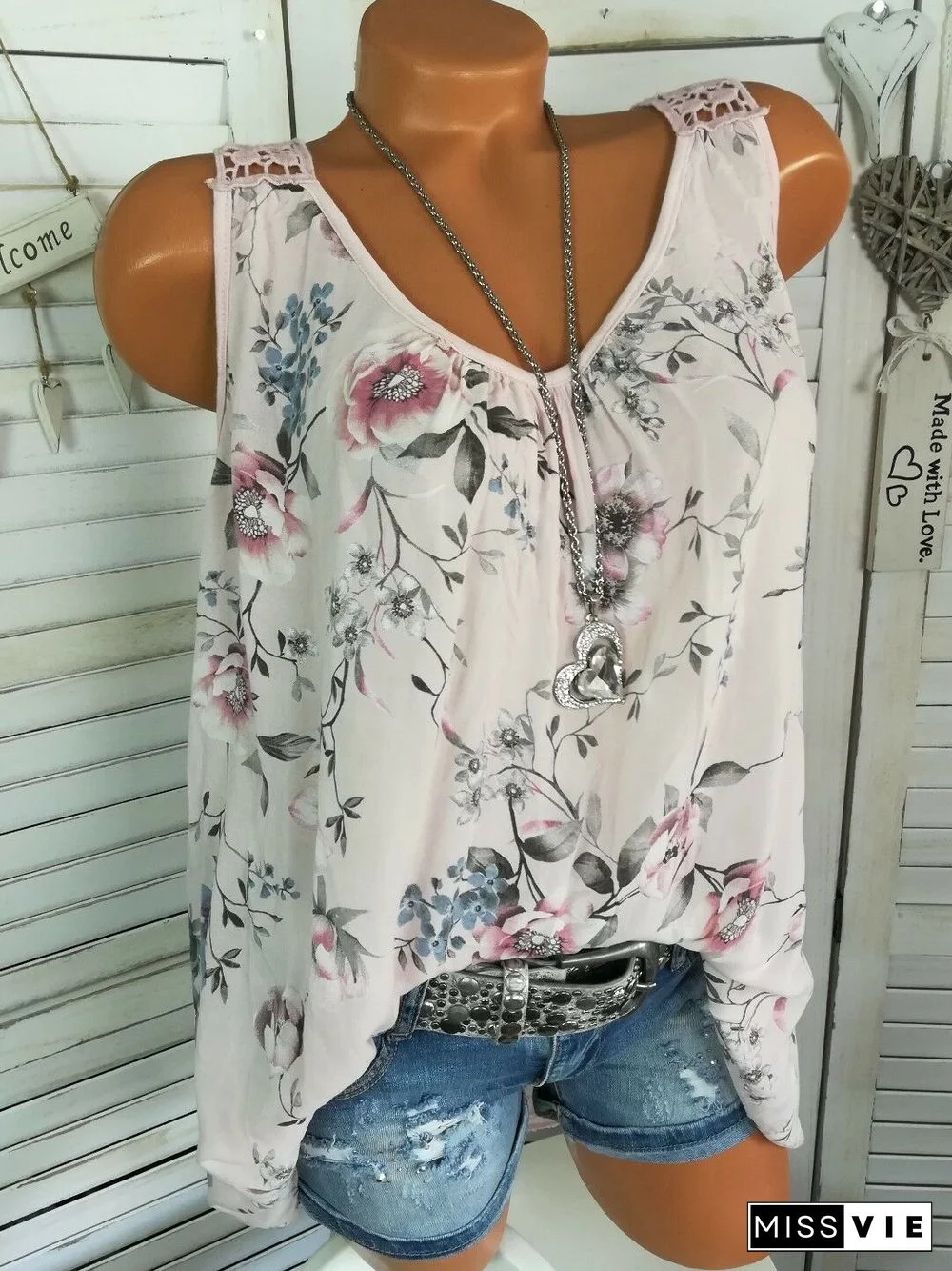 Women's Floral Printed Lace Stitching Sleeveless Tops Blouse