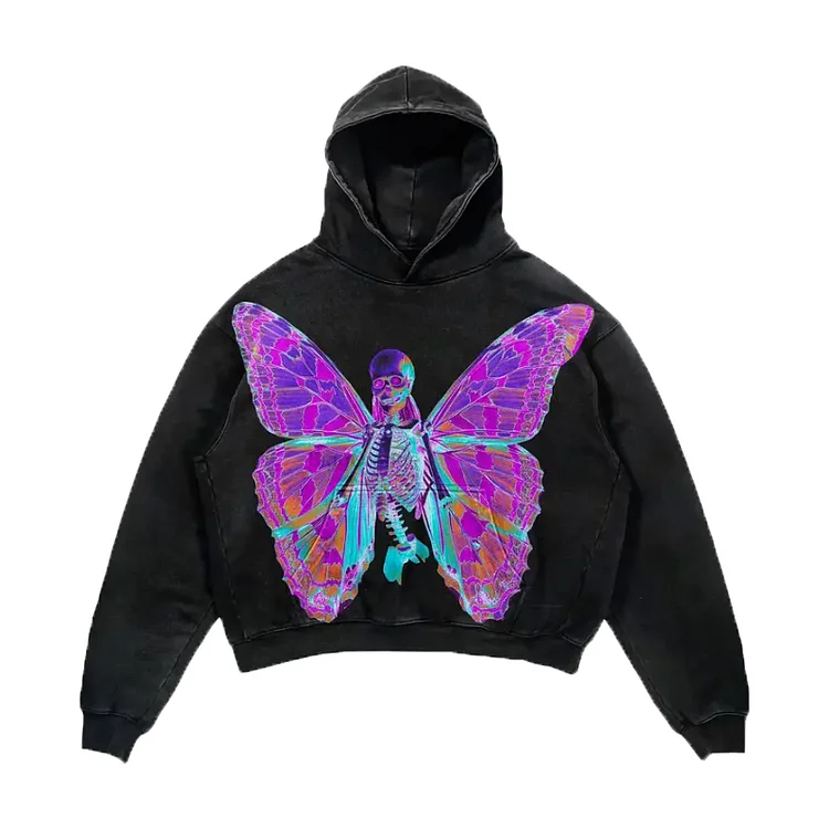 Y2k Butterfly Purple Dark Skull Gothic Hoodie Loose Street Hoodie at Hiphopee