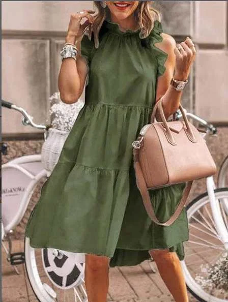 Wongn Wongn Summer Leisure Leisure Loose Sleeveless Pressure Pleated Stitching Solid Color Large Swing Round Collar Dress