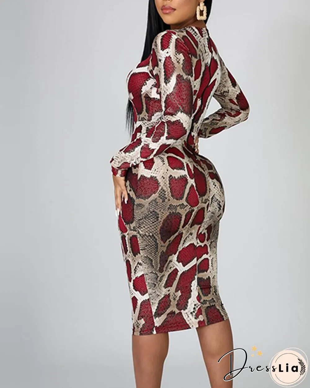 Snake Print Mesh Insert Bodycon Dress