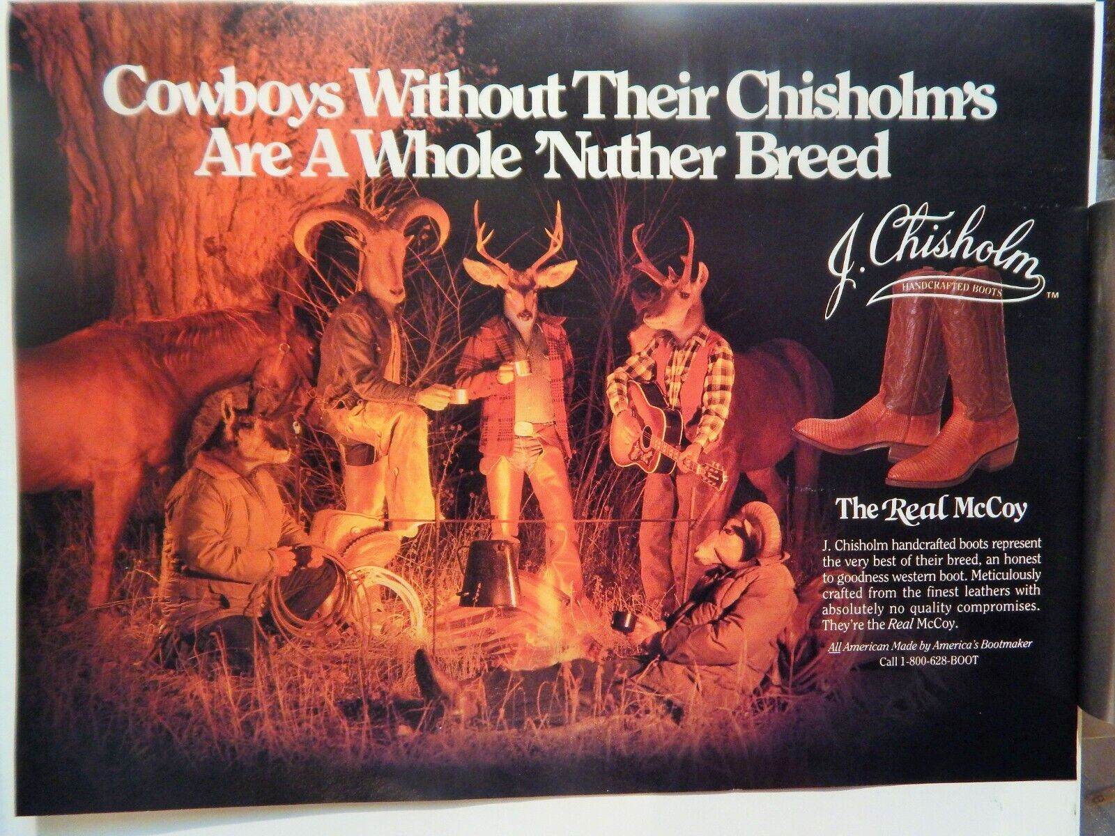 J CHISHOLM COWBOY BOOTS / RUMPLE MINZE LIQUEUR 1985 VTG Photo Poster painting AD, RARE EPHEMERA