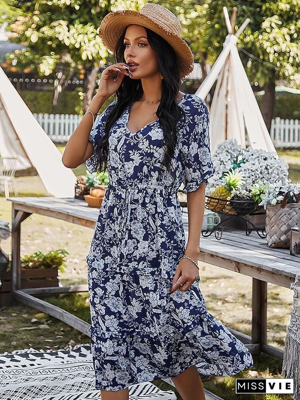 Women's Swing Dress Knee Length Dress Black Blushing Pink Orange Green Navy Blue Short Sleeve Floral Print Spring Summer V Neck Casual  S M L XL