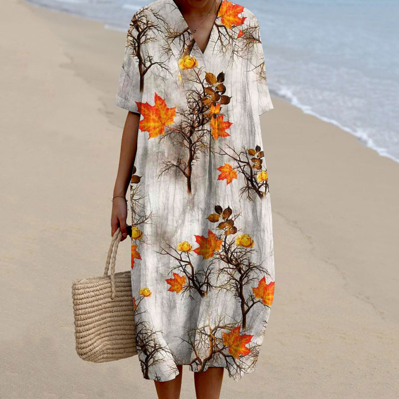 Autumn Leaves Print Women'S V-Neck Dress artswardrobe