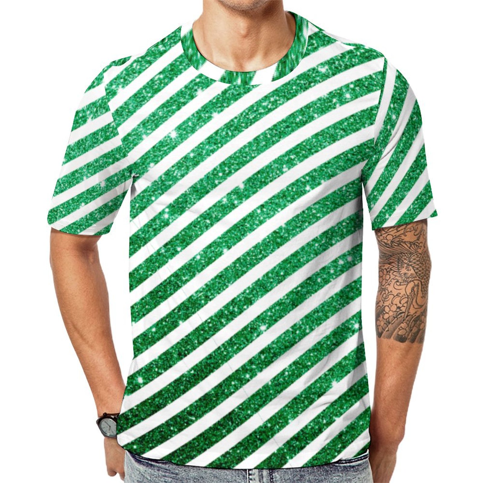 Cute Christmas Candy Cane Glitter Green Stripped Short Sleeve Print Unisex Tshirt Summer Casual Tees for Men and Women Coolcoshirts