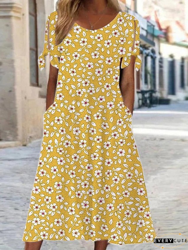 Casual Dress Floral Summer Ditsy Pocket Cold Shoulder Neck Midi Fashion Streetwear Outdoor