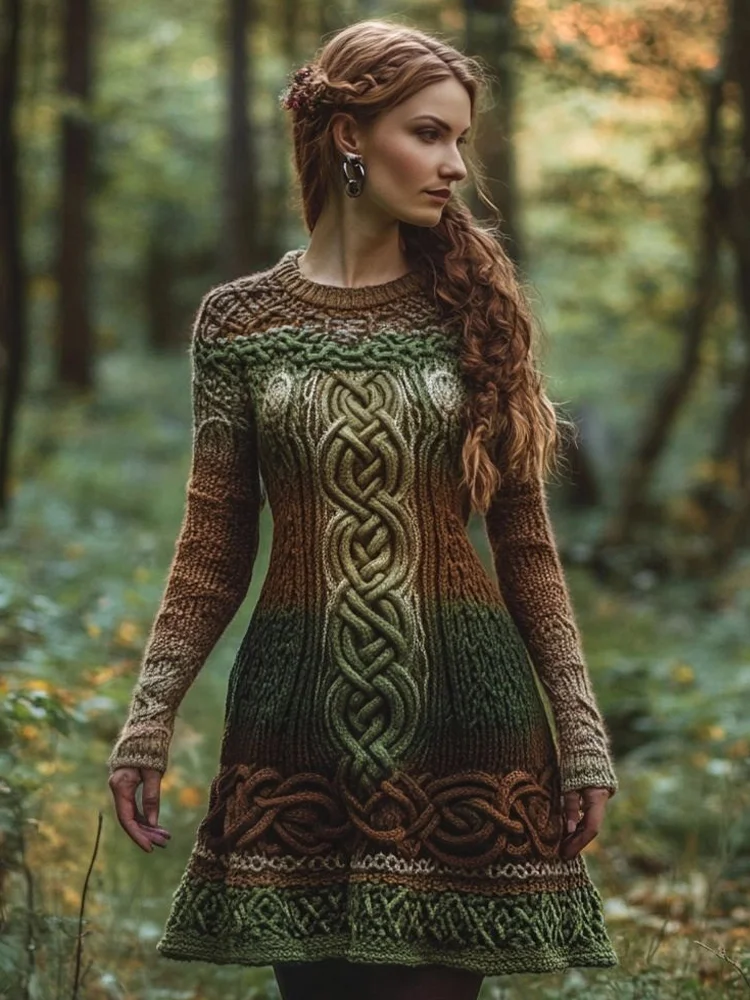 Utbros Women's Vintage Contrast Color Celtic Knot Knit Midi Dress