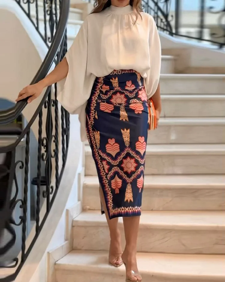 Casual top printed skirt two piece set