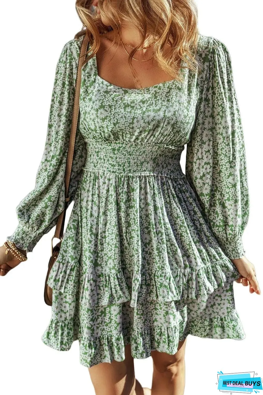Green Floral Print Square Neck Shirred Waist Tiered Ruffled Mini Dress