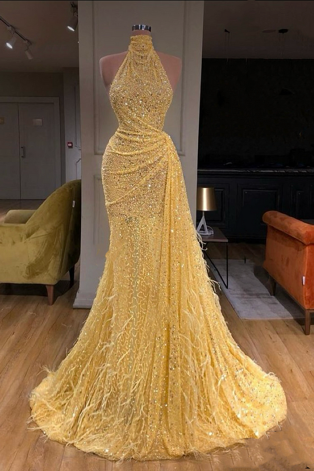 Lisliy Halter Sequins Sleeveless Slim Prom Dress with Feather