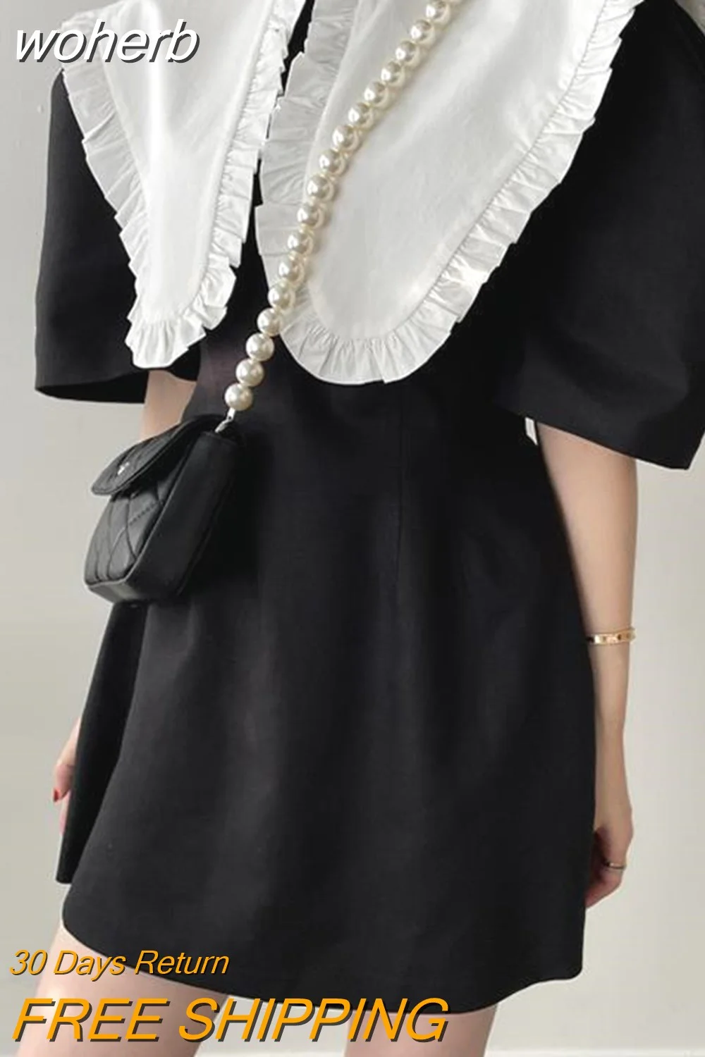 woherb Korean Woman Dress Vintage Turn-down Collar Ruffles Slim Fit ...