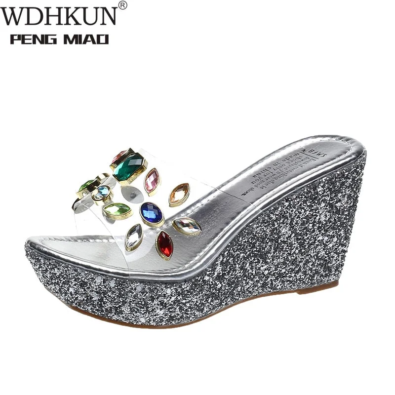 2020  Women Transparent Clear Crystal Sequins Platform Wedge Thick Sole Sandals High Heels Mules Slides Summer Beach Shoes