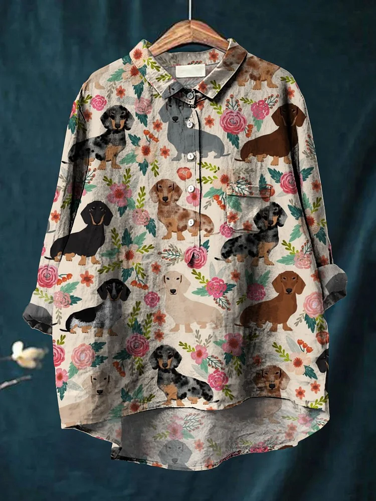 Women's Dachshund Dog Art Print Casual Cotton And Linen Shirt
