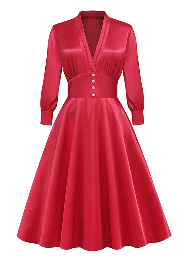 1950s Red Formal Buttons V Neck Long Sleeve A-line Swing Midi Dress