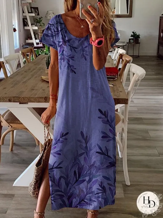Casual Dress Summer Dress Print Dress Leaf Split Print Crew Neck Long Dress Maxi Dress Fashion Streetwear Outdoor Daily Short Sleeve Regular Fit White Yellow Blue Summer S M L XL XXL for Women