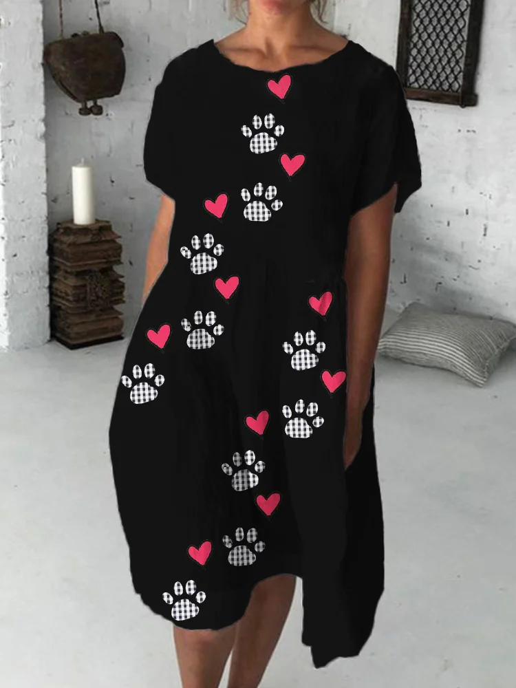 Cute Plaid Dog Paws Graphic Round Neck Midi Dress