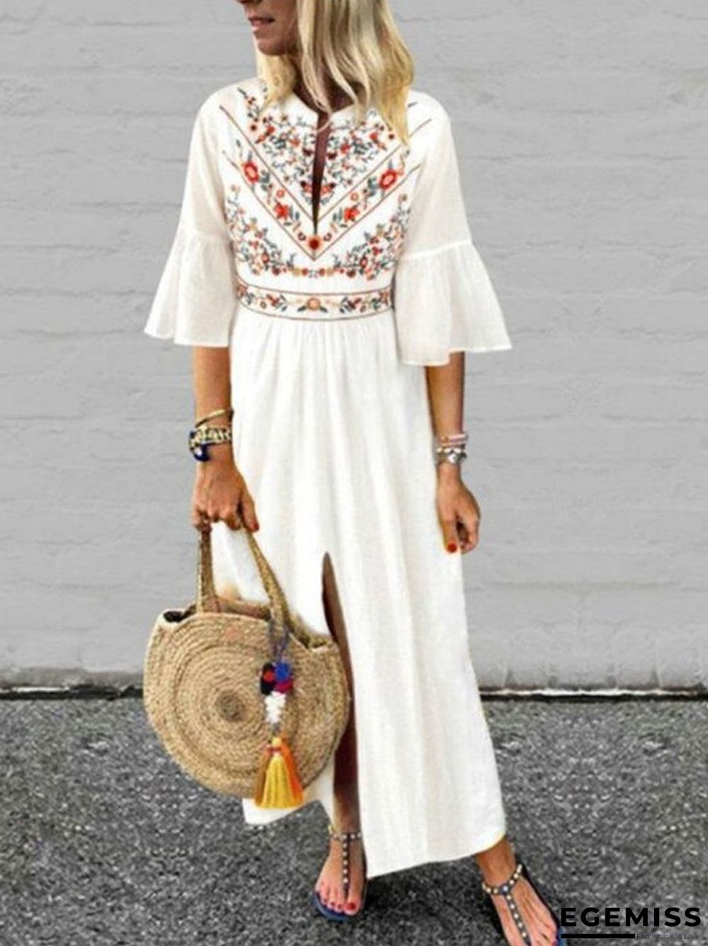 Ethnic Loose Sleeve Print Stitching A-shaped Dress White Dresses | EGEMISS
