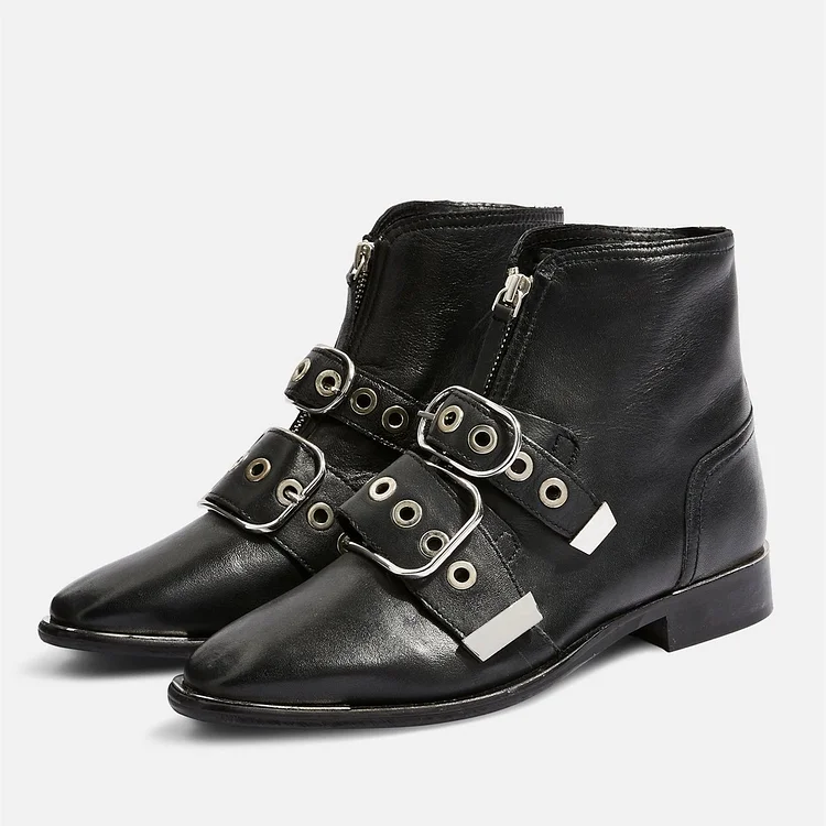 Black Fashion Boots Buckles Ankle Boots |FSJ Shoes