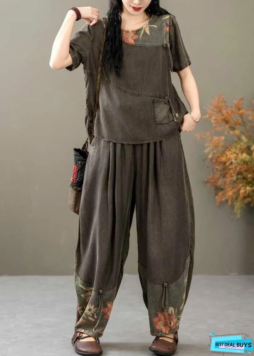 Vintage Black Print Tops And Crop Pants Denim Two Piece Suit Summer
