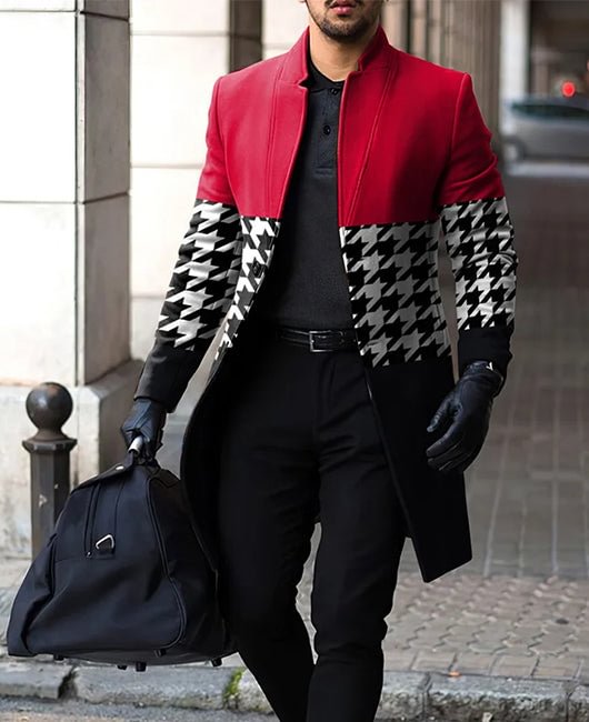 Houndstooth Pattern Panel Single Breasted Overcoat