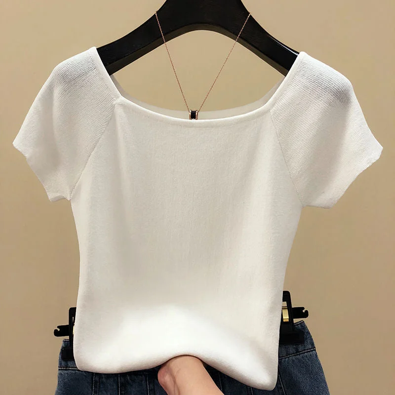 Summer Basic Woman Tshirts Black Korean Tops Women Off shoulder T Shirt Knitted Short Sleeve Female Clothes Fashion White Red